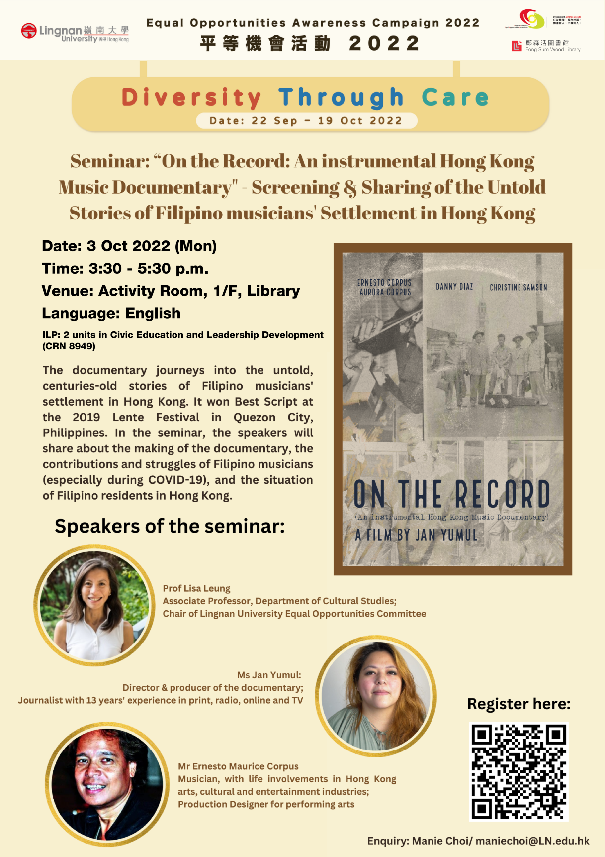 Seminar: “On the Record: An instrumental Hong Kong Music Documentary" Screening & Sharing of the Untold Stories of Filipino musicians' Settlement in Hong Kong